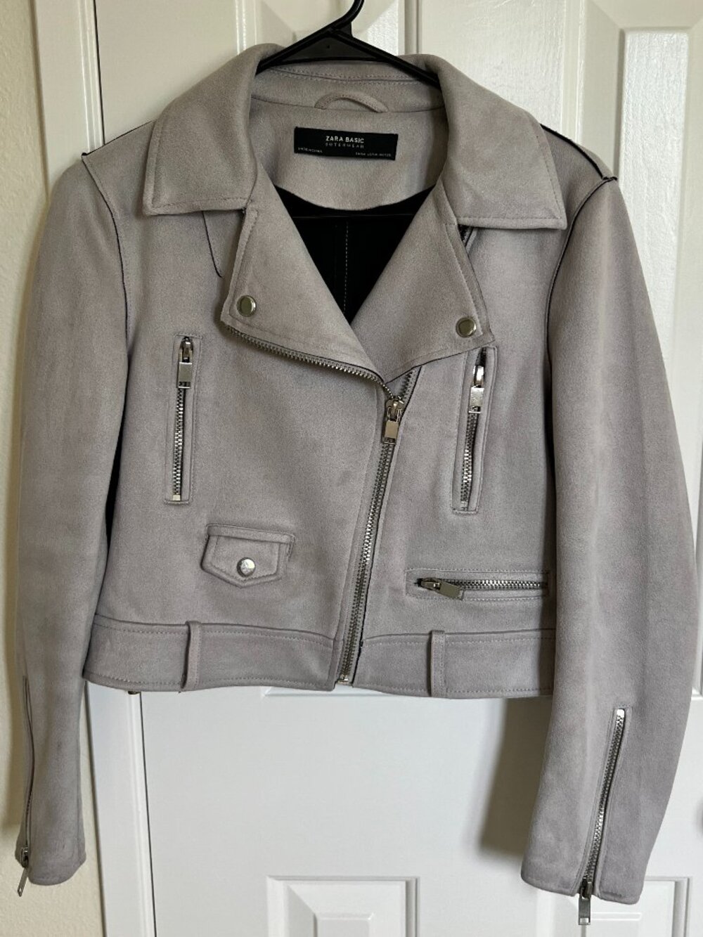 ZARA Women Faux Suede Moto Jacket 6318/022, Light Gray, Size M
